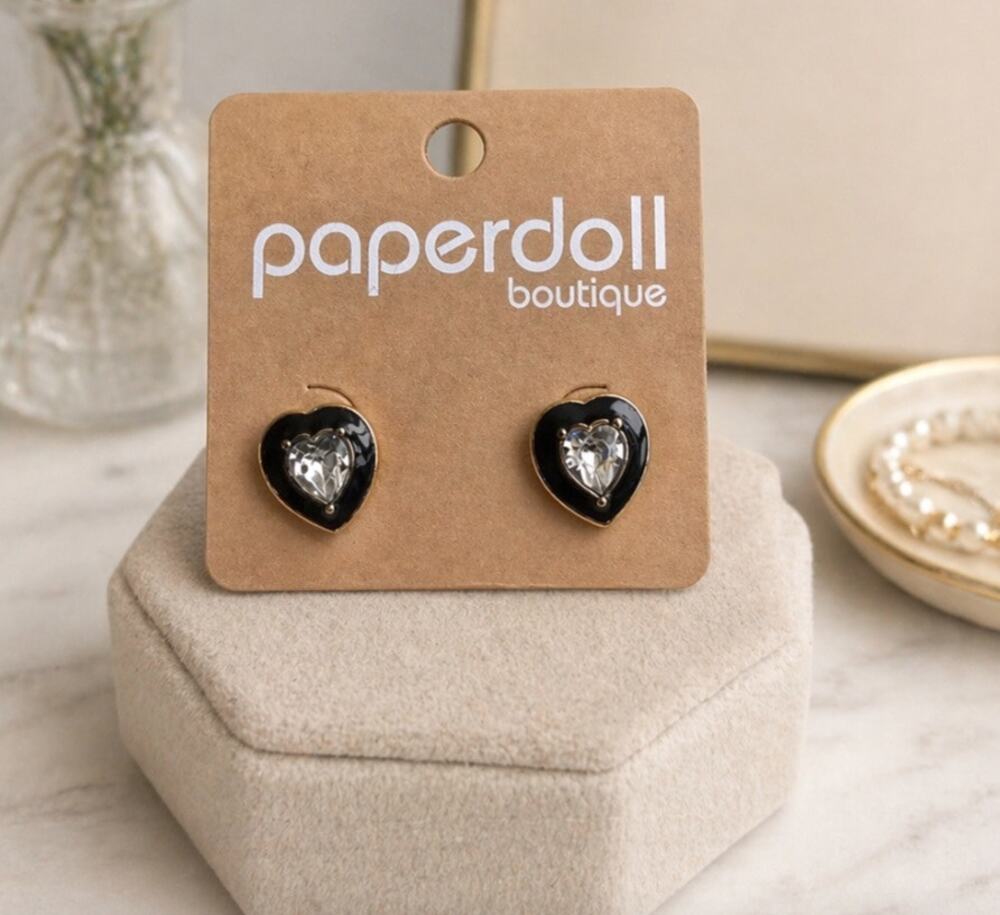 Paperdoll Black Enamel Rhinestone Stud Earrings New